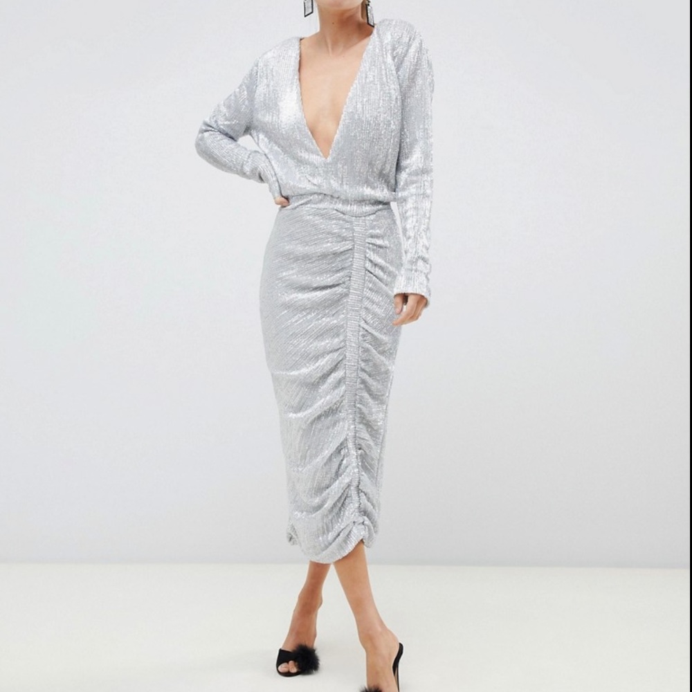 NWT Lavish Alice Sequin Embellished Midi Dress In Silver Iridescent - Size 10